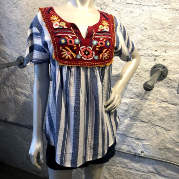 Avani Striped Mexican Embroidered Top - Picture 1 of 2
